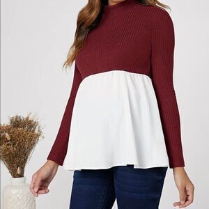 SHEIN Maternity Red & White Mock-Neck Long Sleeve Peplum Top